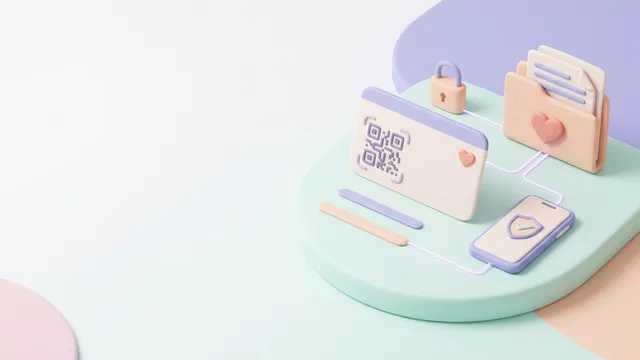 A soft 3D illustration of a blank health ID card with a QR pattern, a phone showing a security shield, a padlock and a folder of health records