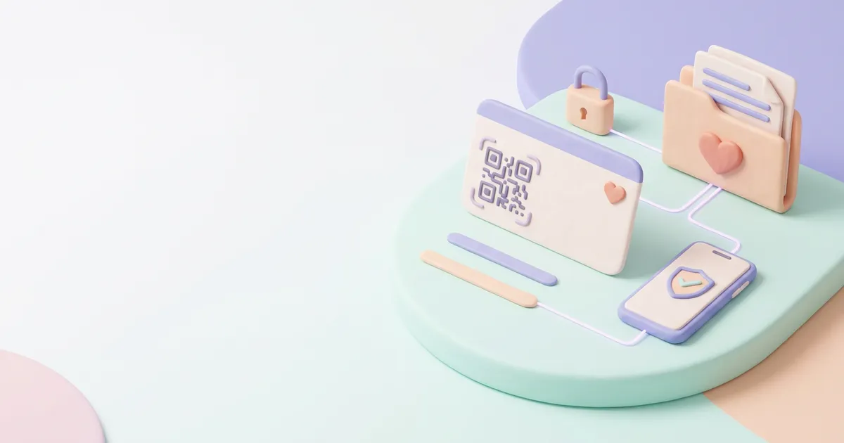 A soft 3D illustration of a blank health ID card with a QR pattern, a phone showing a security shield, a padlock and a folder of health records