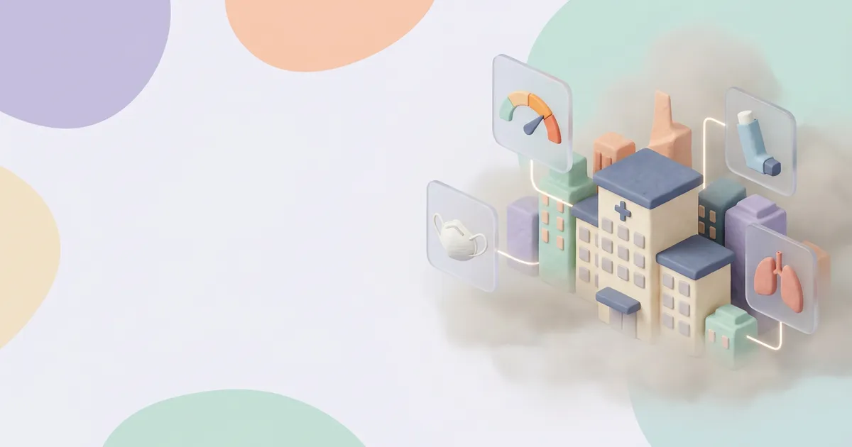 Illustration of a hospital and city buildings wrapped in grey haze, with icons for an air-quality gauge in the orange zone, an N95 mask, an inhaler and a pair of lungs
