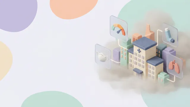 Illustration of a hospital and city buildings wrapped in grey haze, with icons for an air-quality gauge in the orange zone, an N95 mask, an inhaler and a pair of lungs
