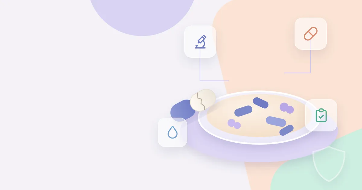 Illustration of a culture dish holding bacteria, a cracked antibiotic capsule and a faded shield, with icons for a microscope, medicine, hand hygiene and a checklist