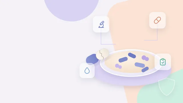 Illustration of a culture dish holding bacteria, a cracked antibiotic capsule and a faded shield, with icons for a microscope, medicine, hand hygiene and a checklist