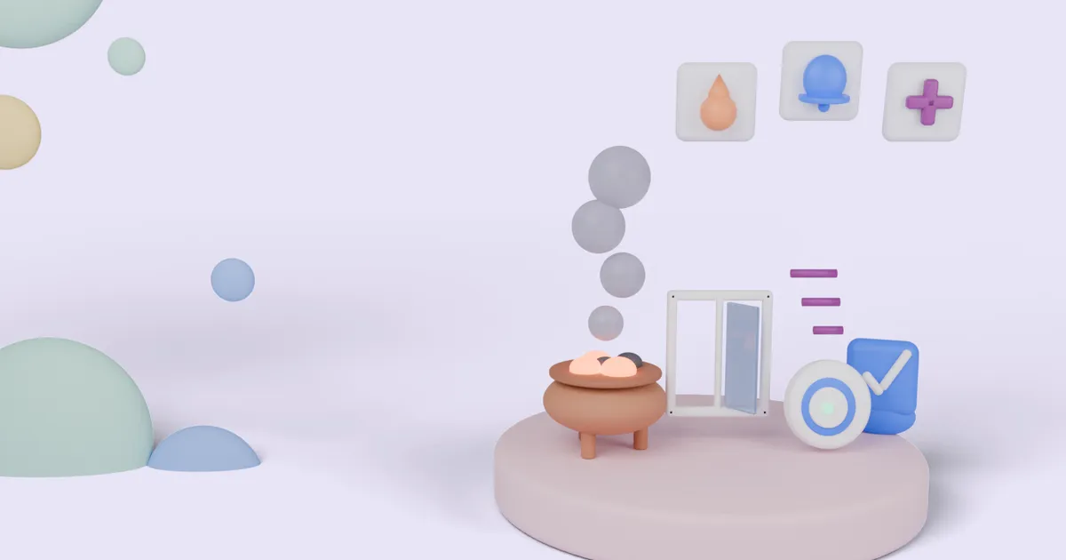Soft 3D illustration of a clay angithi with glowing coals and pale fumes rising, beside an open window, a white carbon monoxide alarm with a blue ring and a blue shield with a tick, on a round pink pedestal, with floating tiles showing a flame, an alarm bell and a medical cross