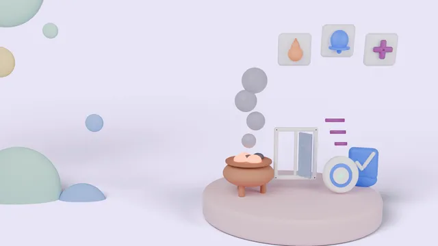 Soft 3D illustration of a clay angithi with glowing coals and pale fumes rising, beside an open window, a white carbon monoxide alarm with a blue ring and a blue shield with a tick, on a round pink pedestal, with floating tiles showing a flame, an alarm bell and a medical cross