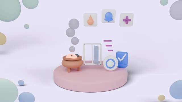 Soft 3D illustration of a clay angithi with glowing coals and pale fumes rising, beside an open window, a white carbon monoxide alarm with a blue ring and a blue shield with a tick, on a round pink pedestal, with floating tiles showing a flame, an alarm bell and a medical cross