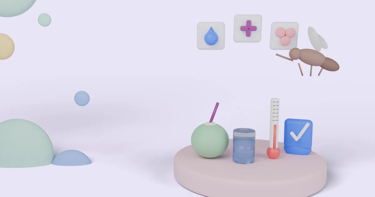 Soft 3D illustration of a green coconut with a straw, a glass of water, a thermometer and a blue shield with a tick on a round pink pedestal, with a cartoon mosquito and floating tiles showing a water drop, a medical cross and platelets