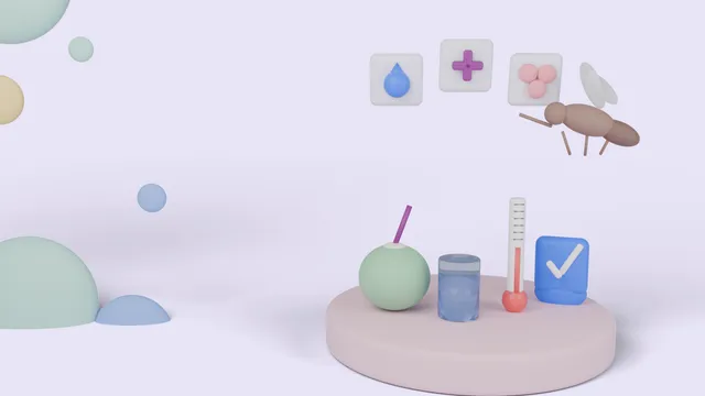 Soft 3D illustration of a green coconut with a straw, a glass of water, a thermometer and a blue shield with a tick on a round pink pedestal, with a cartoon mosquito and floating tiles showing a water drop, a medical cross and platelets