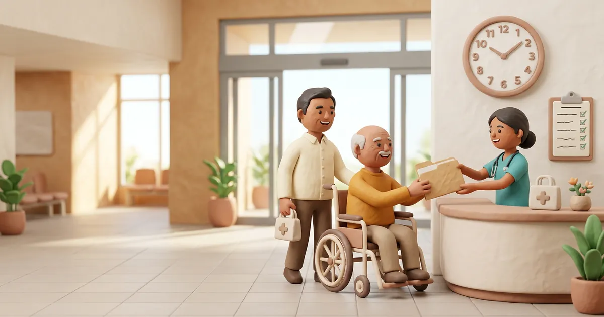 Flat clay-style illustration of a hospital discharge desk with a large wall clock and a file folder on the counter, as a patient walks towards the exit with family members