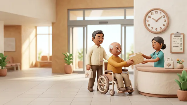 Flat clay-style illustration of a hospital discharge desk with a large wall clock and a file folder on the counter, as a patient walks towards the exit with family members