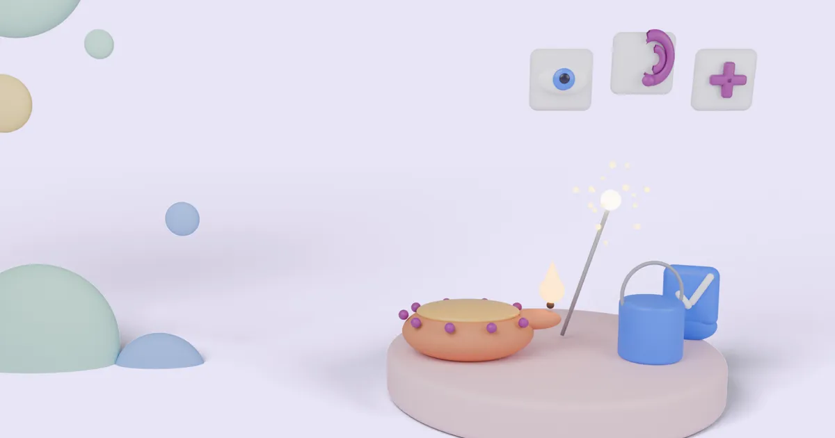 Soft 3D clay illustration of a lit diya, a sparkler, a bucket of water and a blue shield with a tick on a round pink pedestal, with floating tiles showing an eye, an ear and a medical cross