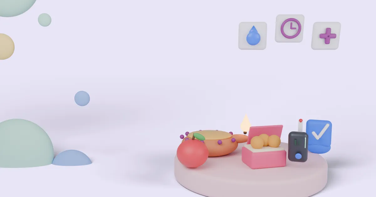Soft 3D clay illustration of a lit diya, an apple, a small open box of laddoos, a glucometer and a blue shield with a tick on a round pink pedestal, with floating tiles showing a blood drop, a clock and a medical cross
