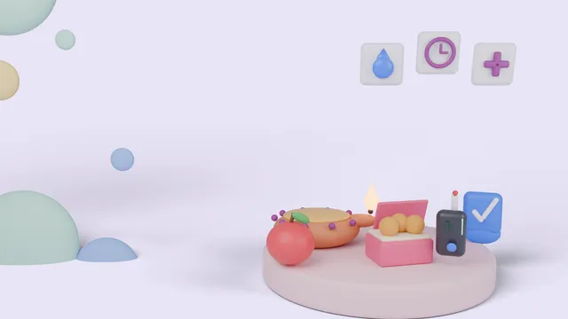 Soft 3D clay illustration of a lit diya, an apple, a small open box of laddoos, a glucometer and a blue shield with a tick on a round pink pedestal, with floating tiles showing a blood drop, a clock and a medical cross