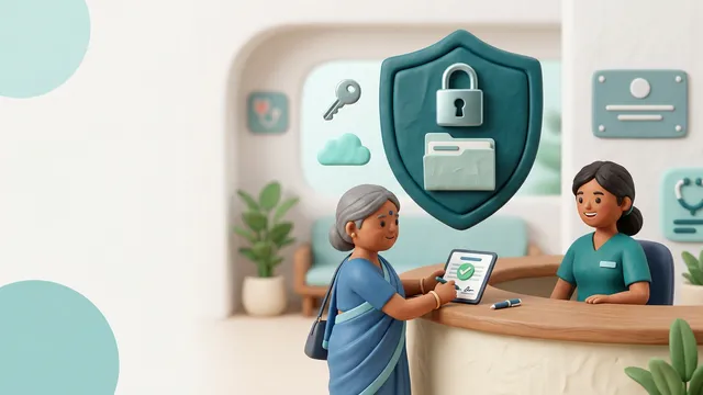 Flat clay-style illustration of a hospital registration desk, with a shield and padlock over a patient file and a consent form