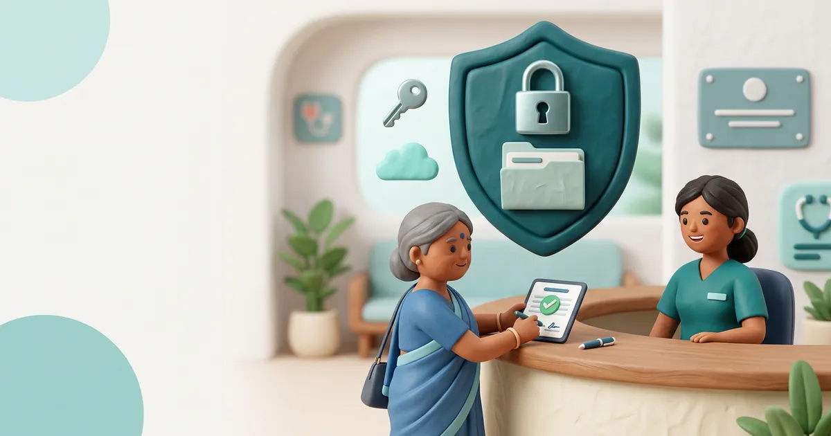 Flat clay-style illustration of a hospital registration desk, with a shield and padlock over a patient file and a consent form