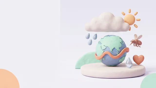 A soft 3D illustration of the globe wrapped by a warm ocean current, with a rain cloud, the sun, a mosquito, a water drop and a heart