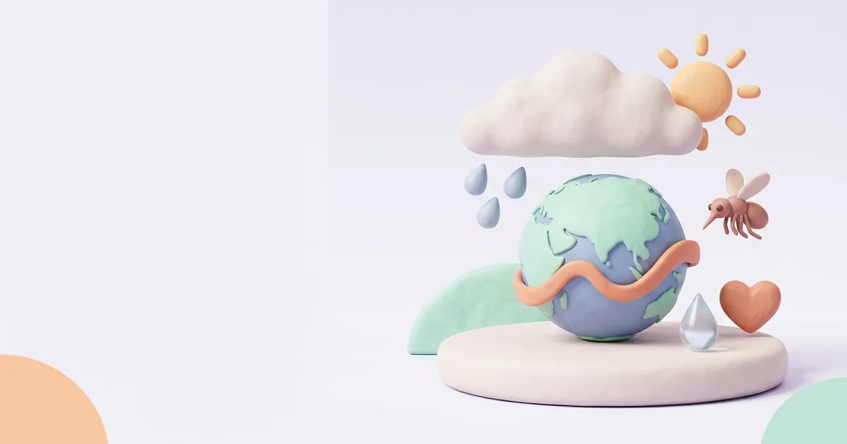 A soft 3D illustration of the globe wrapped by a warm ocean current, with a rain cloud, the sun, a mosquito, a water drop and a heart