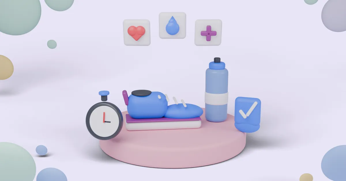 Soft 3D clay illustration of a blue running shoe on a round pedestal beside a stopwatch, a water bottle and a blue shield with a white tick, with floating icons for a heart, a water drop and a medical cross