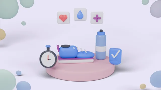 Soft 3D clay illustration of a blue running shoe on a round pedestal beside a stopwatch, a water bottle and a blue shield with a white tick, with floating icons for a heart, a water drop and a medical cross