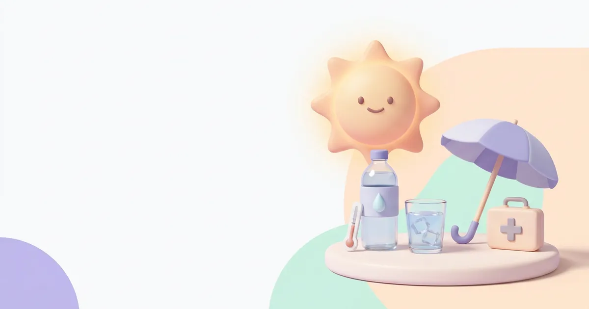 A soft 3D illustration of a smiling sun beside a water bottle, a glass of iced water, a thermometer, a sun umbrella and a first-aid kit