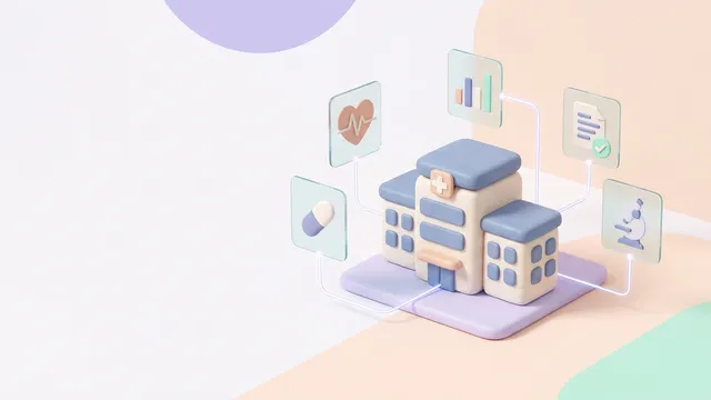 A soft 3D illustration of a hospital building linked to floating cards for heart rhythm, medicines, reports, records and lab tests, showing one connected hospital system