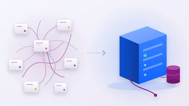 Illustration of a single compact server box in blue and purple, set beside a loose tangle of separate service boxes joined by crossing cables