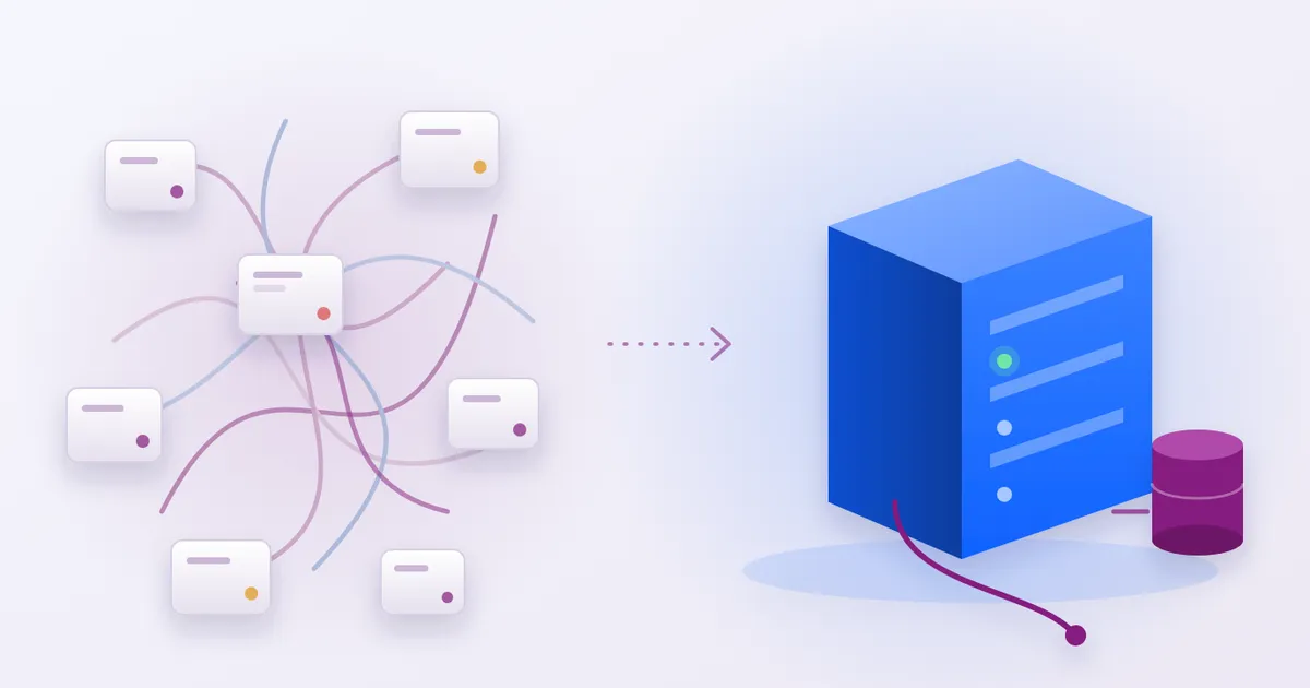 Illustration of a single compact server box in blue and purple, set beside a loose tangle of separate service boxes joined by crossing cables