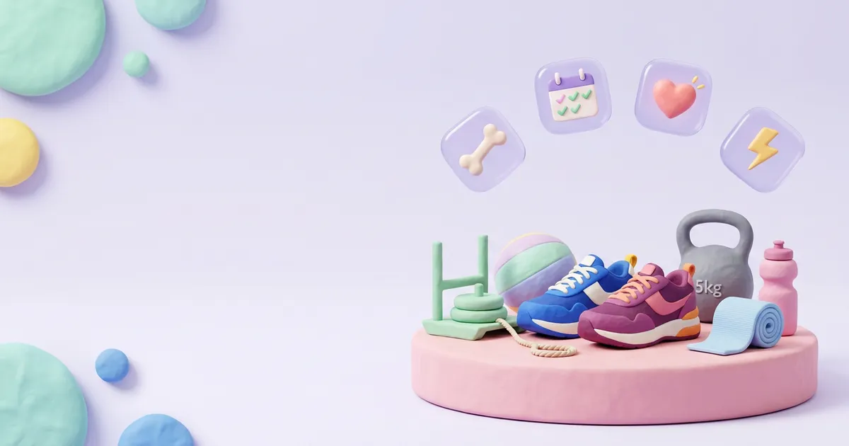 Soft 3D illustration of a blue and a purple running shoe on a round pedestal beside a small weighted sled with a rope, a wall ball, a kettlebell, a rolled mat and a water bottle, with floating icons for a bone, a training calendar, a heart and a lightning bolt