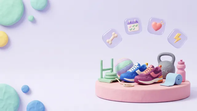 Soft 3D illustration of a blue and a purple running shoe on a round pedestal beside a small weighted sled with a rope, a wall ball, a kettlebell, a rolled mat and a water bottle, with floating icons for a bone, a training calendar, a heart and a lightning bolt