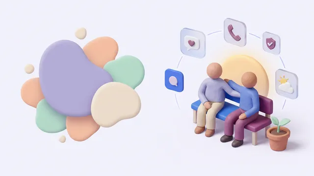 Illustration of two people sitting side by side on a bench, one with a hand on the other's shoulder, in front of a rising sun, with icons for a message with a heart, a telephone, a shield and a sun breaking through cloud, and a small plant sprouting beside them