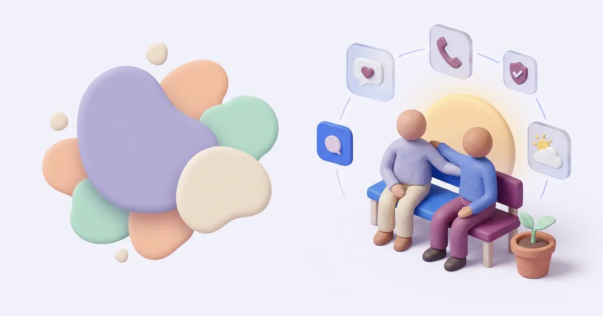 Illustration of two people sitting side by side on a bench, one with a hand on the other's shoulder, in front of a rising sun, with icons for a message with a heart, a telephone, a shield and a sun breaking through cloud, and a small plant sprouting beside them